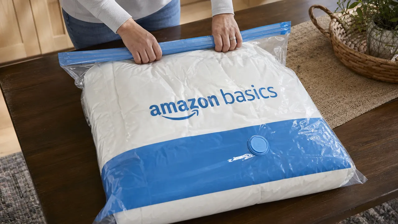 Hands pressing air out of a vacuum storage bag filled with a folded comforter