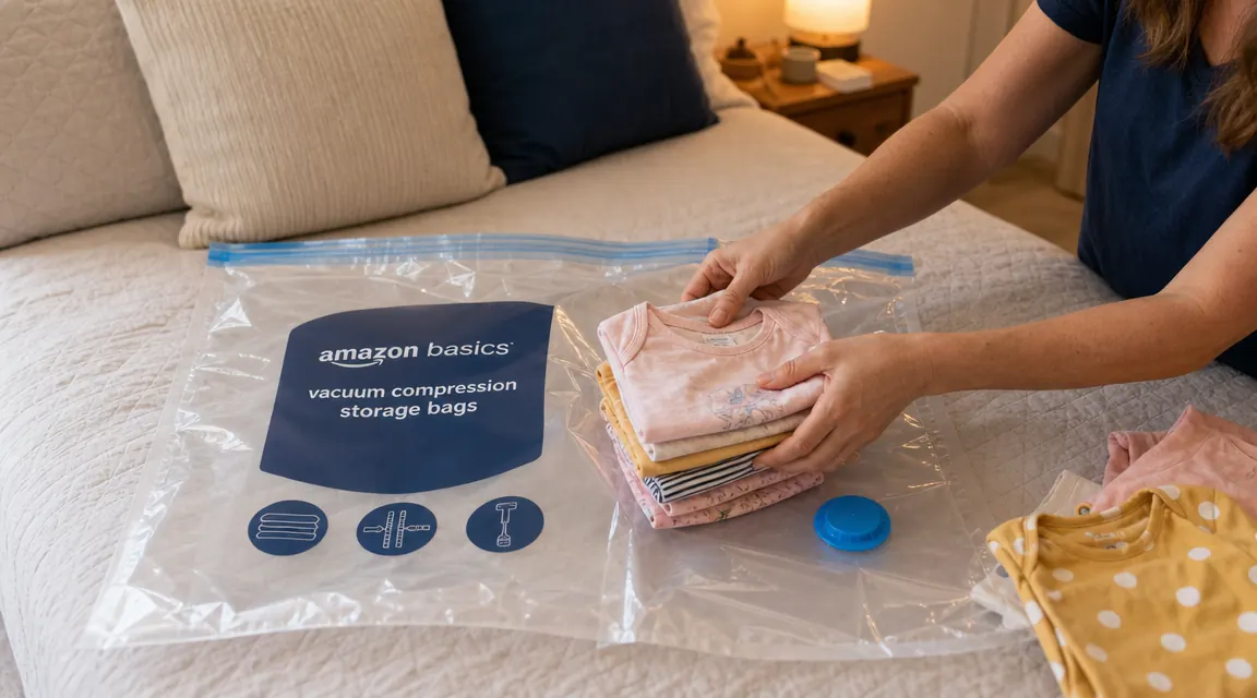 Open vacuum storage bag with neatly folded children's clothing ready to be sealed