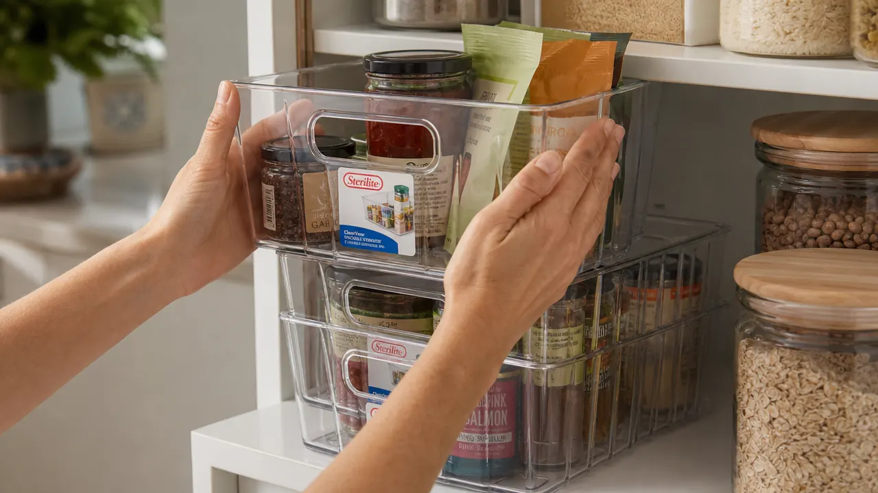 Hands placing a Sterilite clear bin onto a pantry shelf already holding two stacked bins