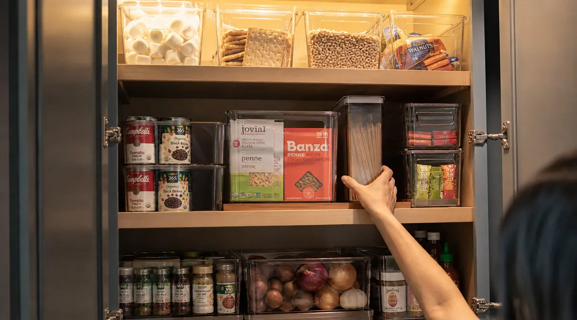 Clear bins stacked three high in a deep pantry cabinet holding baking supplies, pasta, and snack bags
