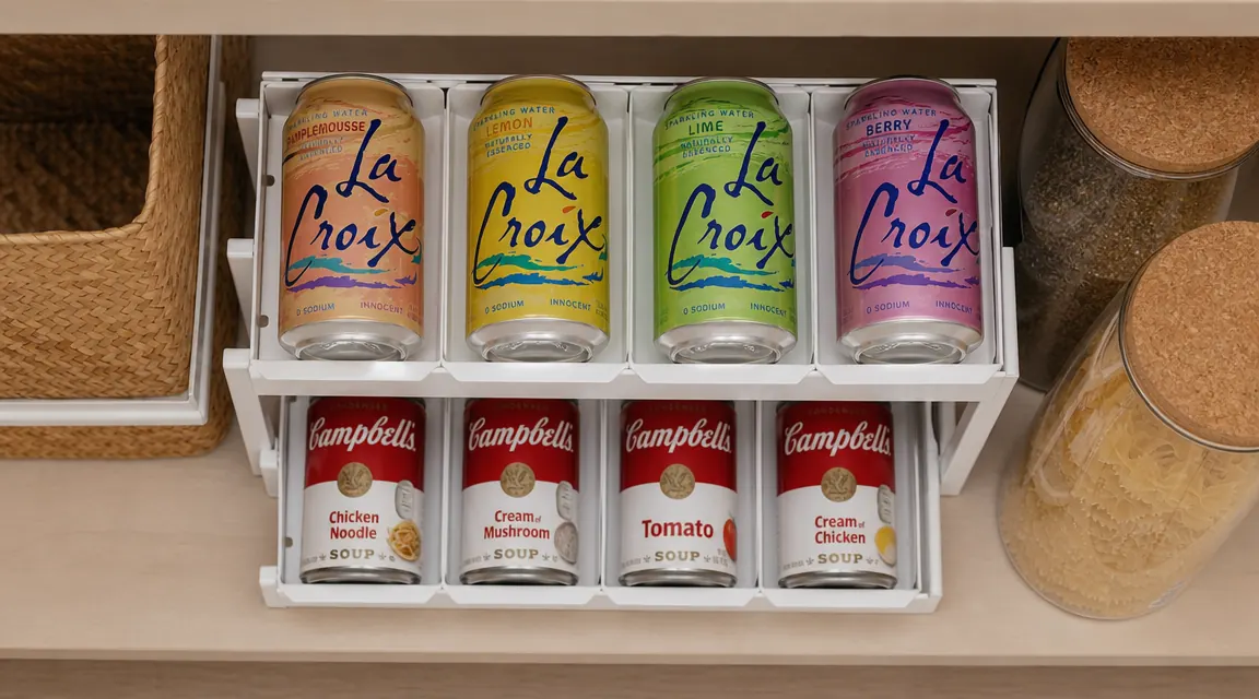 Overhead view of a pantry shelf with two stacked can dispenser racks loaded with soup cans and sparkling water cans