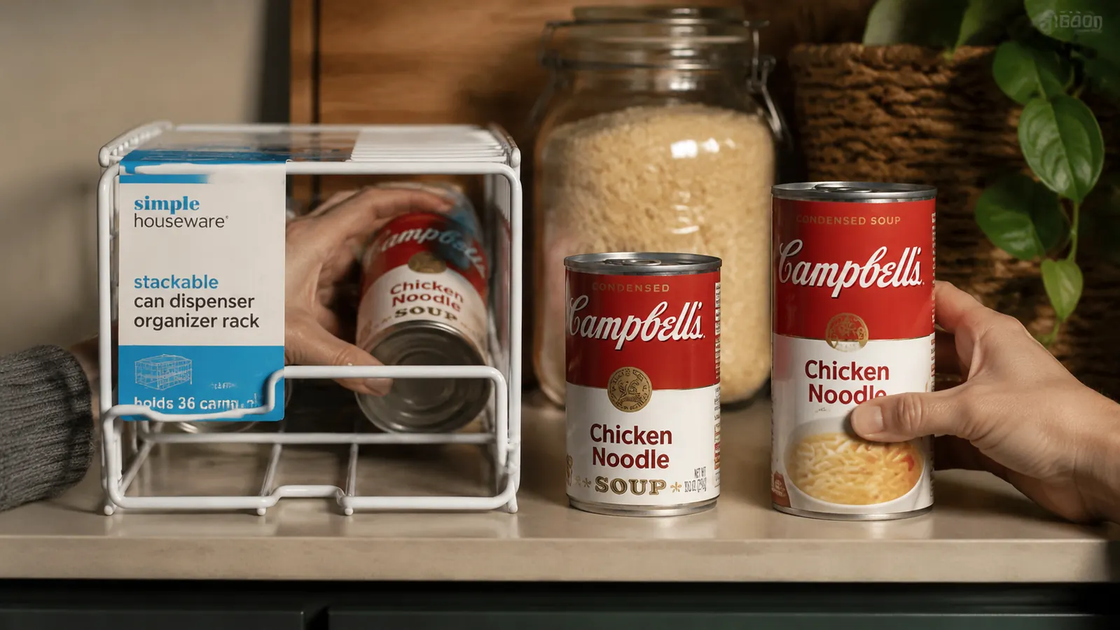 Side-by-side comparison of a standard 15-oz soup can and a taller 28-oz can next to a white Simple Houseware can dispenser rack showing the height difference