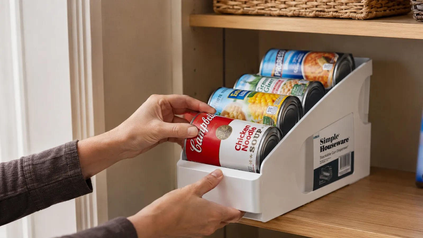Close-up of a hand loading a standard 15-ounce soup can into the back of a white can dispenser rack on a pantry shelf