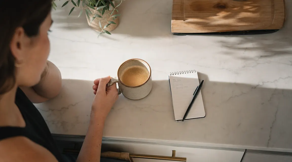 Organized kitchen counter with a mug of coffee and a notepad, relaxed morning scene suggesting the satisfaction of a decluttered kitchen