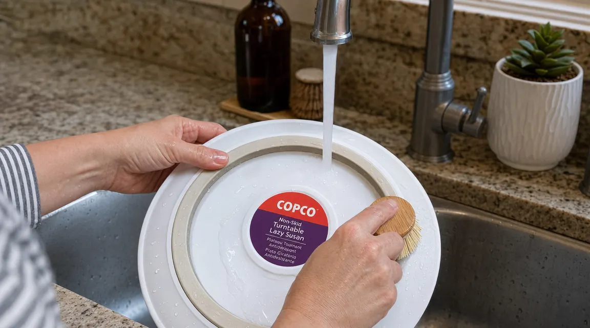 Hand using a damp cloth to clean the rubber non-skid ring on the underside of a Copco turntable under running sink water