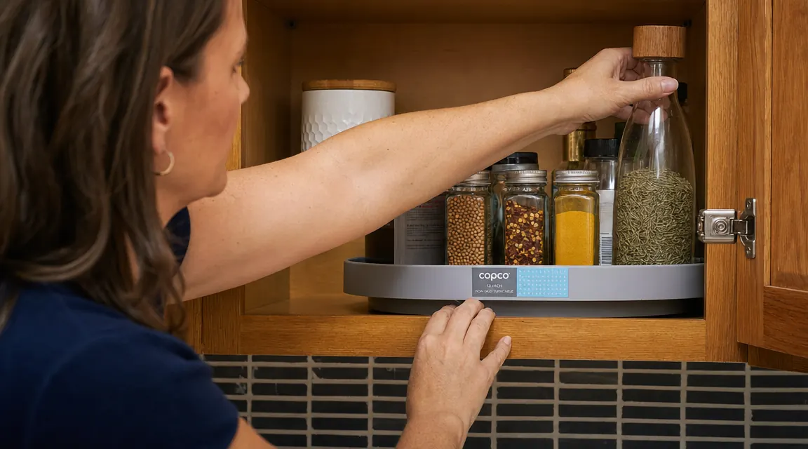 Hand reaching into a cabinet and spinning a gray Copco turntable to bring a bottle to the front