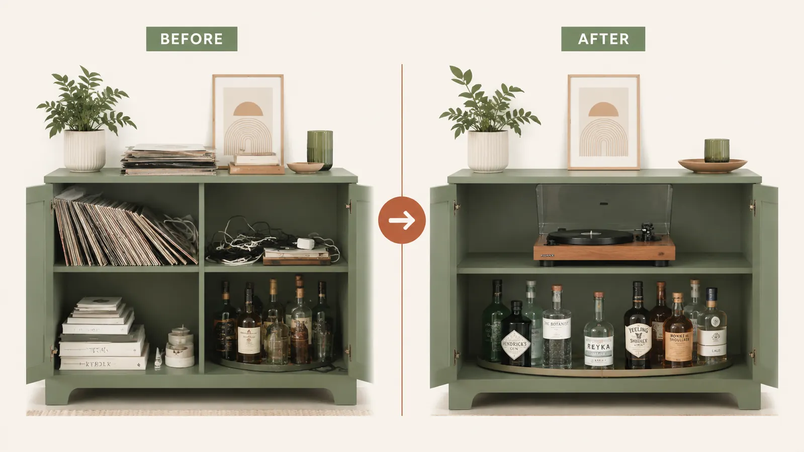 Side-by-side before and after of a messy corner cabinet versus the same cabinet organized with a lazy susan turntable