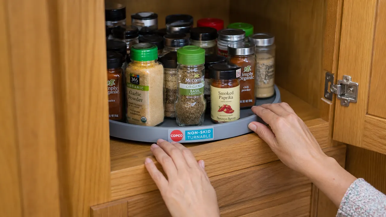 Gray Copco lazy susan turntable loaded with spice jars spinning in a corner kitchen cabinet
