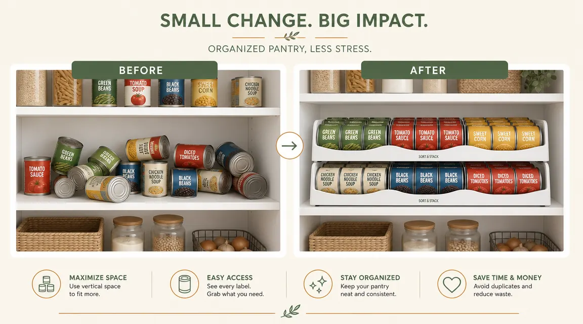 Pantry shelf split view showing before with cans scattered and after with two stacked can dispenser racks in organized rows