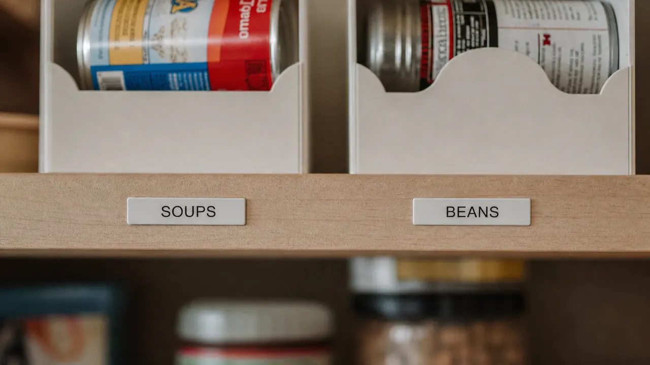 Adhesive label maker tape on a pantry shelf edge reading SOUPS and BEANS beneath stacked can dispenser racks