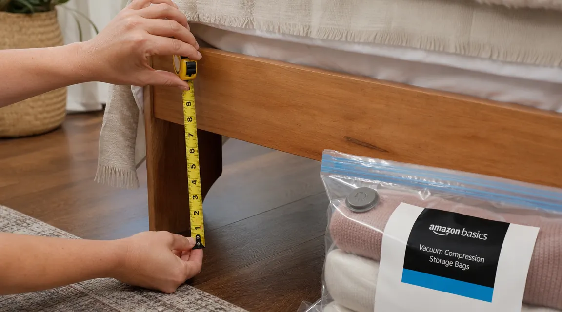 Hands measuring the clearance height under a bed frame with a yellow tape measure showing 9 inches