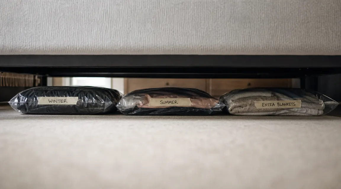 Labeled vacuum storage bags organized in a row under a bed, each with a masking tape label reading the season and contents