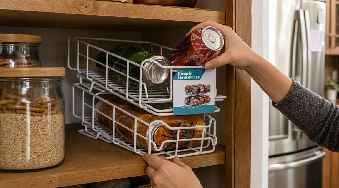 Hand loading a soda can into the top of a white Simple Houseware can dispenser rack