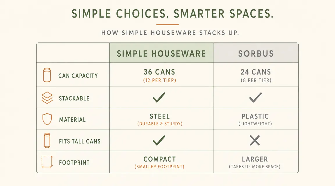 Comparison chart of Simple Houseware versus Sorbus can rack specifications including capacity, footprint and price tier
