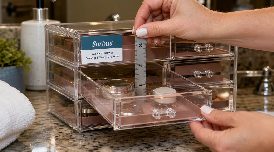 Close-up of an acrylic drawer interior showing a ruler measuring the interior height at approximately 2.75 inches