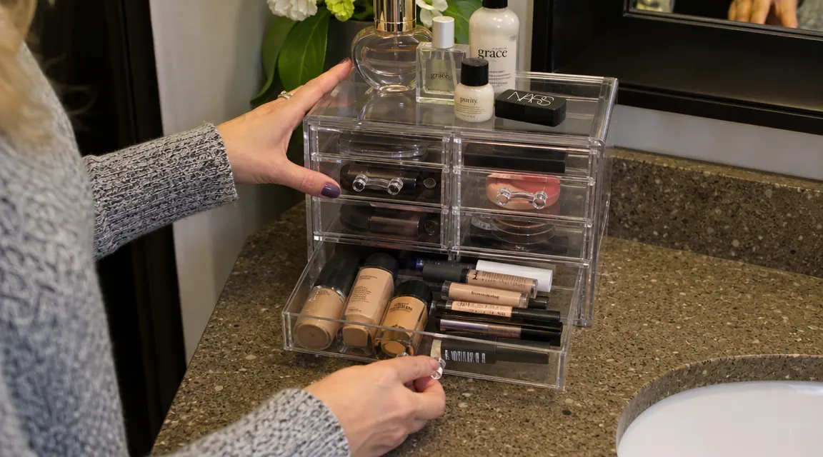 Hand pulling open the bottom drawer of a Sorbus acrylic organizer showing a neatly arranged row of foundation bottles