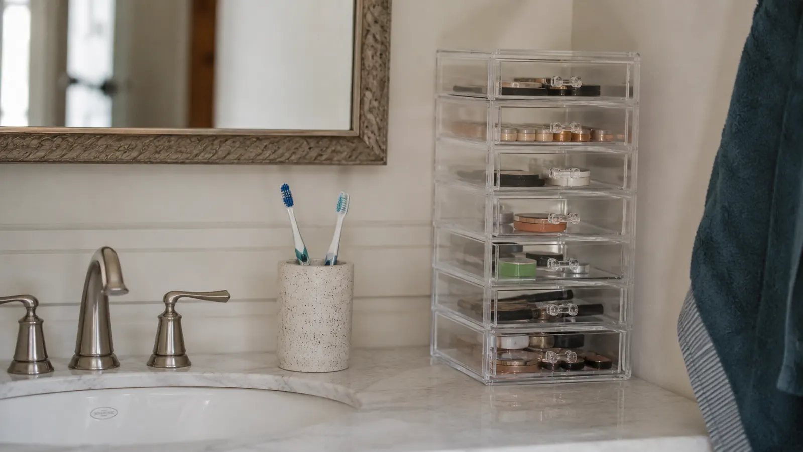 Sorbus makeup organizer set on a bathroom counter next to a mirror showing the full drawer stack from the side