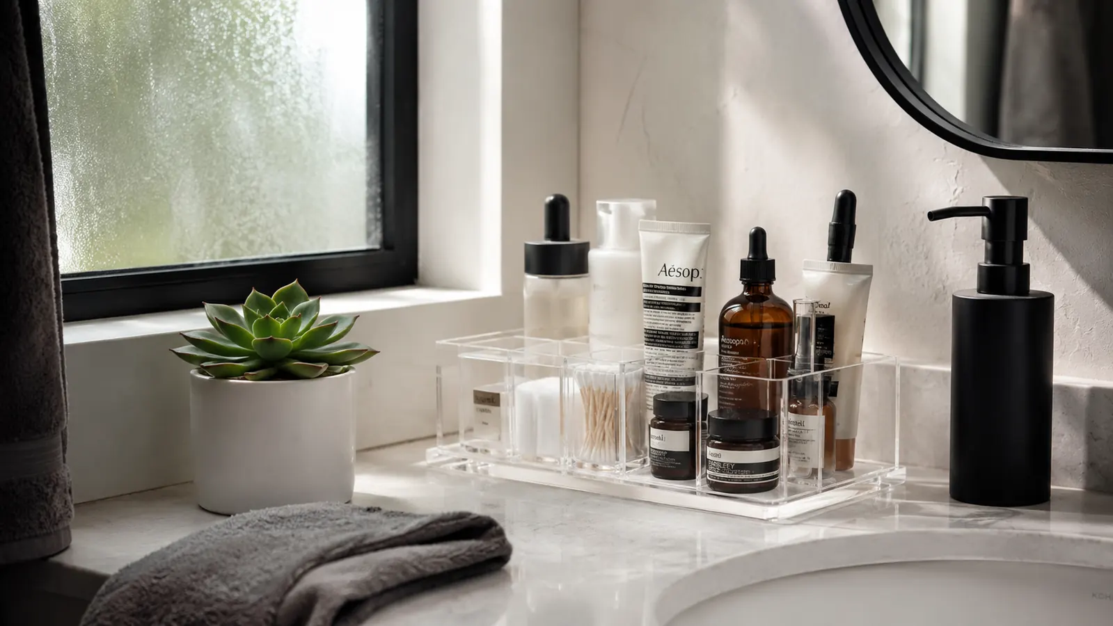 Tidy bathroom counter with a clear acrylic organizer, small plant, and folded towel in soft morning light