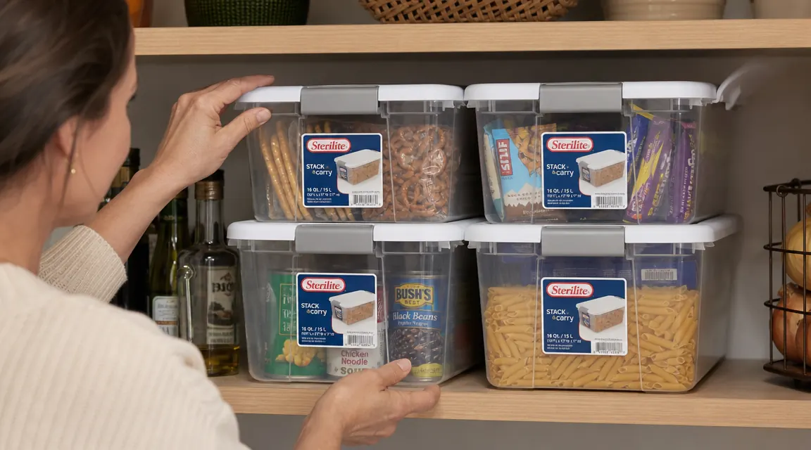 Four Sterilite clear bins stacked two-by-two on a shelf showing the snap lids and label slots