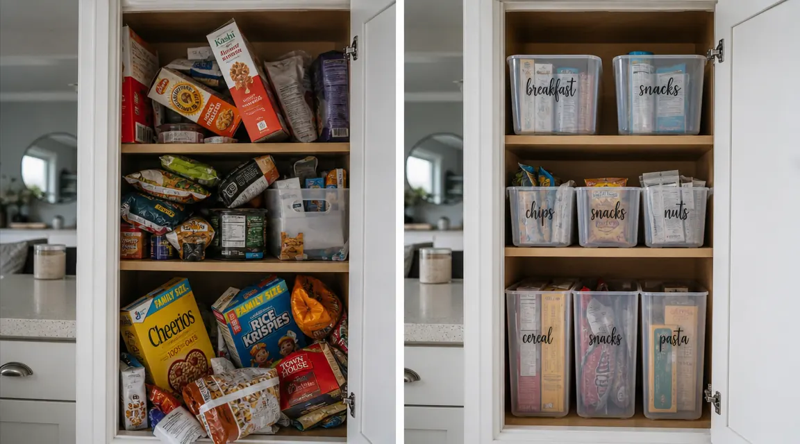 A before-and-after split of a small kitchen cabinet, left side chaotic with loose bags and boxes, right side organized with clear bins