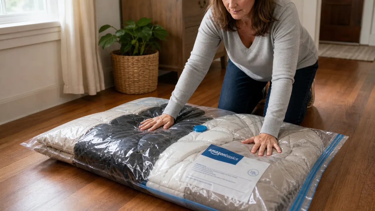 Hands pressing air out of a large vacuum storage bag filled with winter coats, on a bedroom floor surrounded by folded blankets