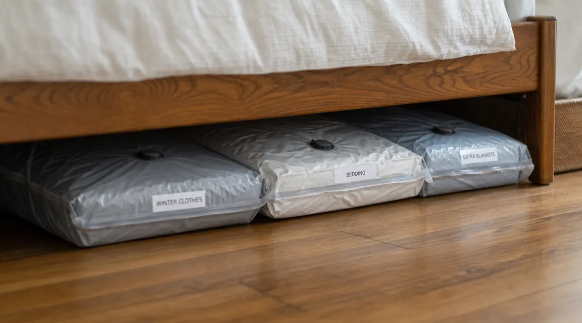 Flat vacuum storage bags slid under a low bed frame, labels facing out, stacked two deep