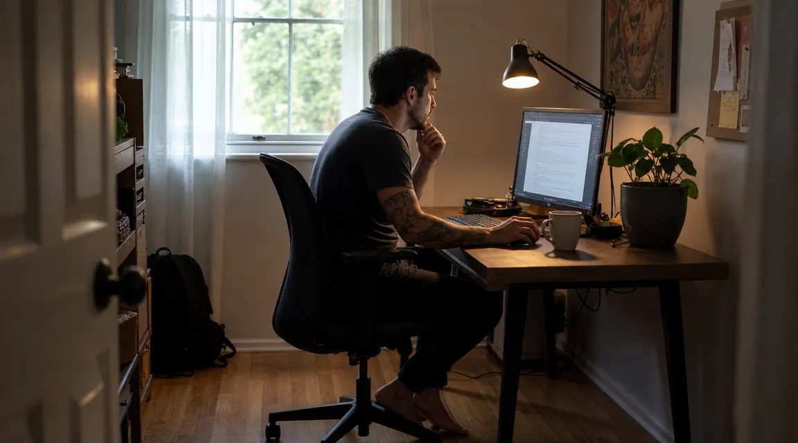 A bedroom that has been converted into a small home office, with a desk, lamp, and clear floor